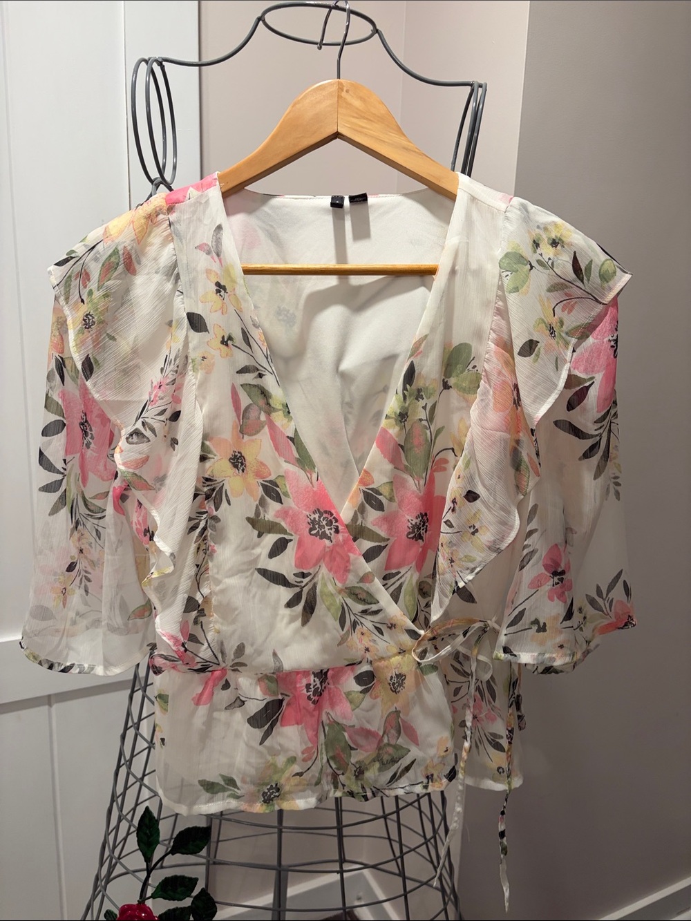 Vero Moda White Floral Wrap Blouse with Pink & Green